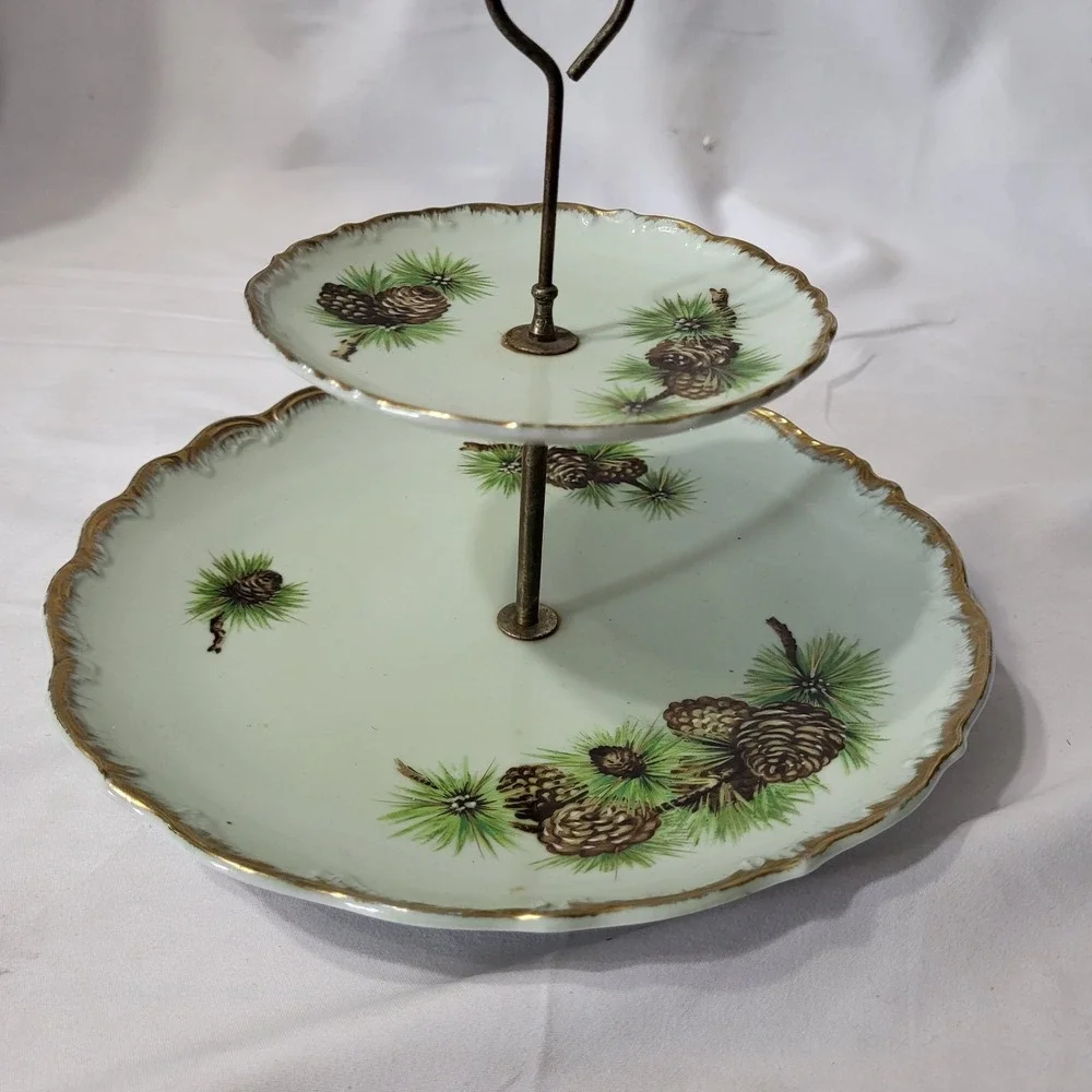 Vintage 2-tier Display Plate Stand Green Gold Edge and Pine Cone Pattern Japan